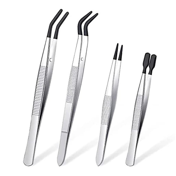 4 stk pinsettsett med gummipinsett i PVC-belagt pinsett, gummipinsett med fint gummipinsett Silver