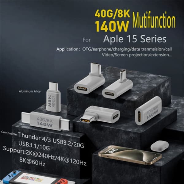 140W USB 3.1 USB-C Hann til USB-C Hann Adapter 8K 40Gbps Hvit size 6