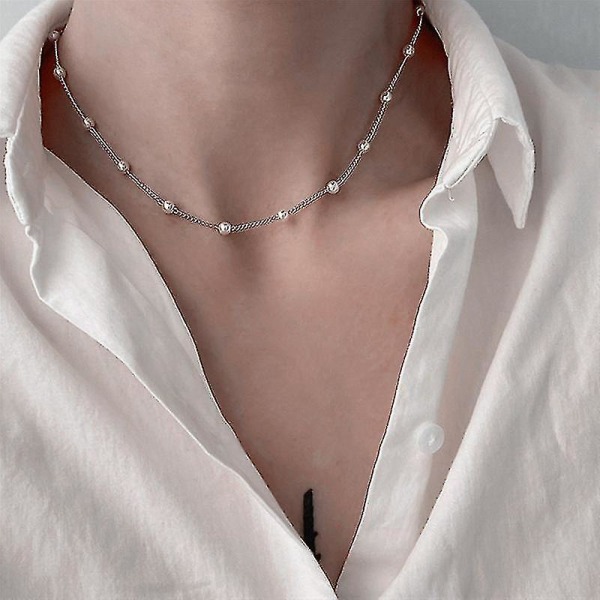 Kvinnor Choker Halsband Dubbellager Pärlor Halsband Present till vän Silver Färg Geometriskt Halsband Partihandel Krage Smycken C