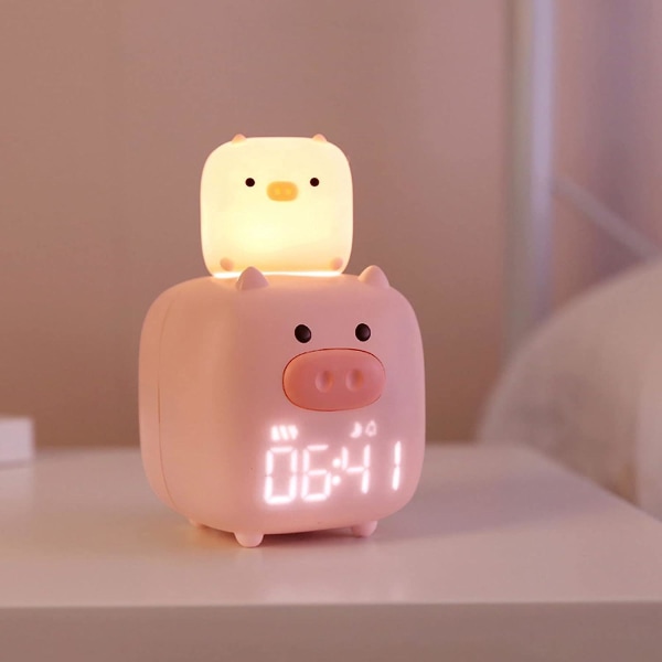 Digital väckarklocka, söt tecknad gris för barn med nattljus, stor LED-skärm Digital klocka Plug-in högljudd sovrumsklocka för tunga sovande