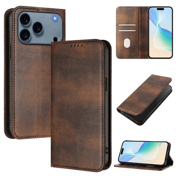 Retro tekstur RFID-blokerende læder telefoncover til iPhone 17 Pro Max Wallet Cases Brown Brown