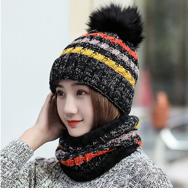 Winter Women Hats Scarf Set Knit Beanie Pom Hat Fleece Lined Neck Warm Snood Cap