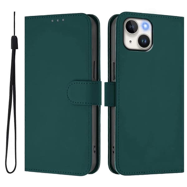 Solid farve tegnebog læder telefoncover med rem til iPhone 15 - Nude Multicolor Dark Green