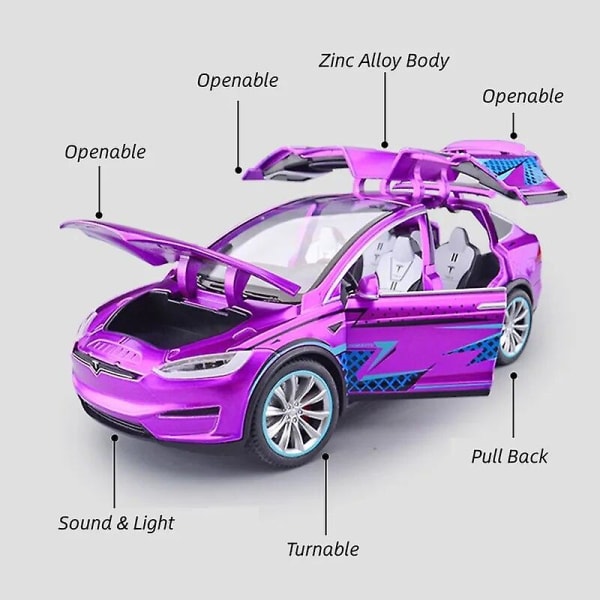 1/20 Tesla Model X Støpt Metall Lekebil 1:20 Miniatyr Legering Kjøretøy Trekk Tilbake Lyd & Lys Samling Gave Til Gutt Barn black