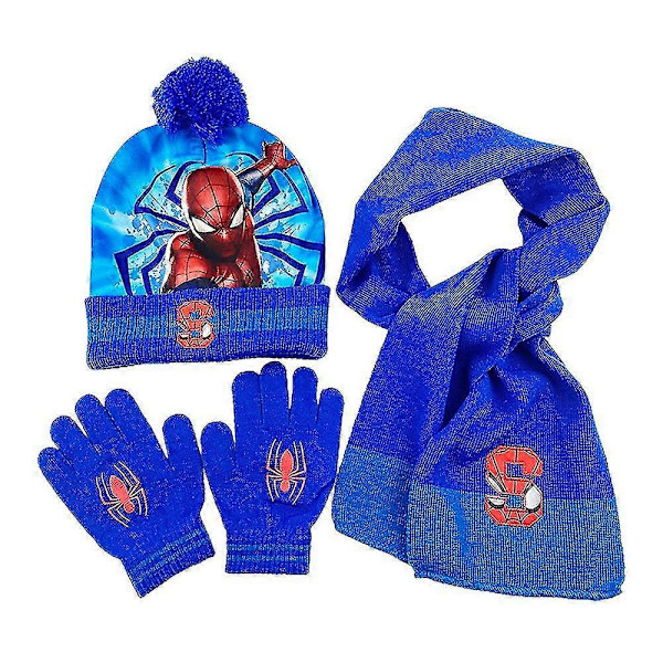 Barn Pojkar 3-pack Spiderman Hatt + Halsduk + Vantar, Varm Vintermössa Set -NMAOV Blue
