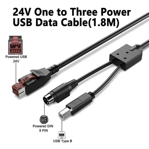 24V drevet USB til 3-benet strøm Din han USB2.0 B han data strømkabel adapter til stregkodescanningspistoler tilbehør Multicolor