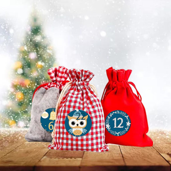 Julekalender med 24 gjenbrukbare godterigaver med snøring og poser til DIY