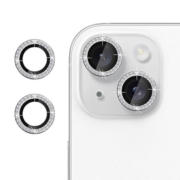 Kamerabeskyttelse til iPhone 15/15 Plus, diamantringdesign, hærdet glas