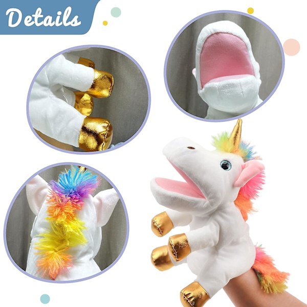 Plush Unicorn Hånddukke med Åben Bevægelig Mund til Fantasifuld Leg, Rollespil, Interaktivt Legetøj til Fortælling, Dukketeater, Fødselsdag