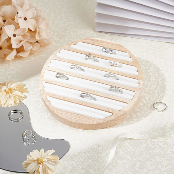 Træ Smykke Display Bakke, 6 Slots Ring Ørering Display Opbevaring Holder Hvid Læder Indsæt Organizer Smykke Display Detailhandel, 14.95x1.7cm
