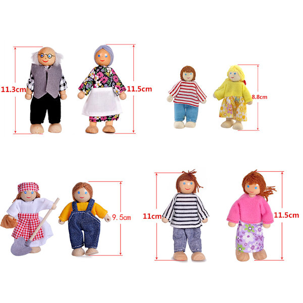 Dukkehus i tre med møbler, familie, miniatyr, 7 personer, dukkeleke for barn