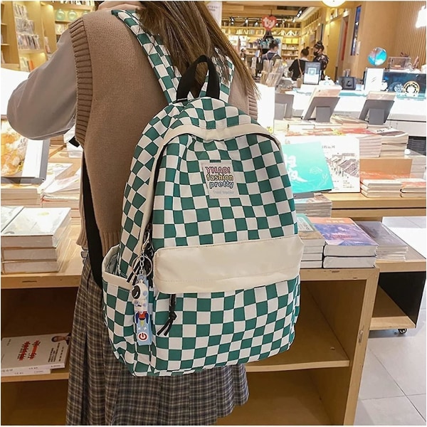 Rutete Ryggsekk Gingham Skolesekker Tilbake Til Skolen Tilbehør For Studenter (grønn)