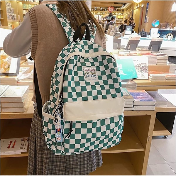 Ternet Rygsæk Gingham Skole Tasker Tilbage Til Skolen Tilbehør Til Studerende (grøn)
