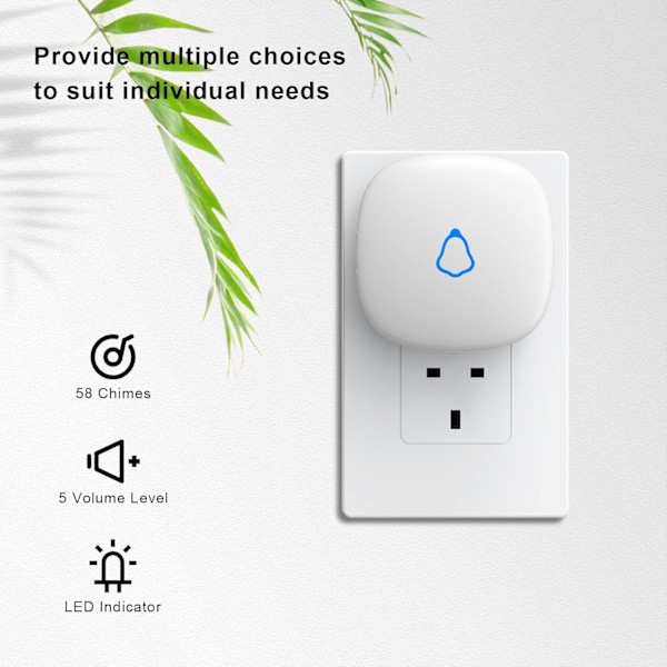 Langaton ovikello, pistotulppamalli, vedenpitävä, toimii 300 metrin pituisella kantamalla, johdoton paristokäyttöinen ovikello, 5 äänenvoimakkuustasoa, LED-valo, helppo asentaa white 1 receiver + 1 push