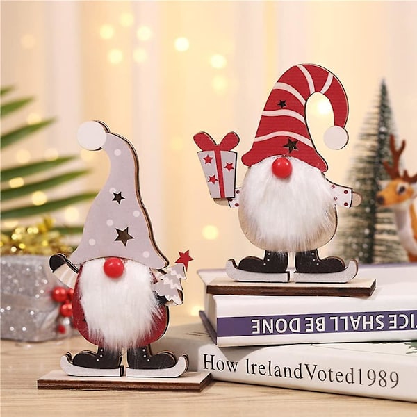 2 stk. Jule Nisse Julemand Træ Nisse Led-11.5*4*15.2cm, Jule Nisse Bord Tilbehør, Træ Dekorativt Objekt Til At Stå Batteridrevet Tomte