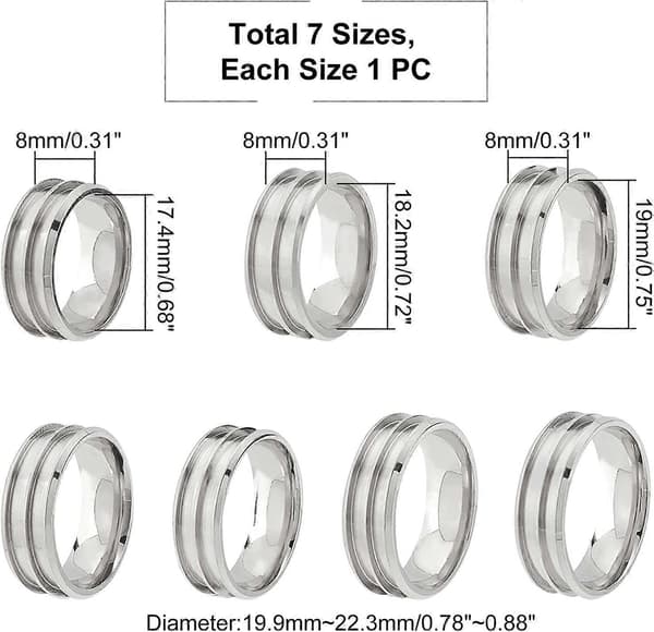 21 stk. 7 størrelser blank ring i rustfrit stål fingerring med rillet kerne indlægsring til harpiks runde tomme ringemner til smykkefremstilling
