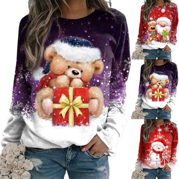 Jul Långärmad asual Holiday Shirt Toppar Vinter Xmas Gift C M