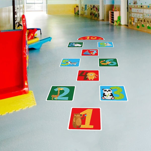 10 nummer DIY hopscotch spill veggklistremer gulv klistremerker, flyttbare PVC søte skogdyr digitale veggklistremer, unike gulvkunstdekorasjonsartikler