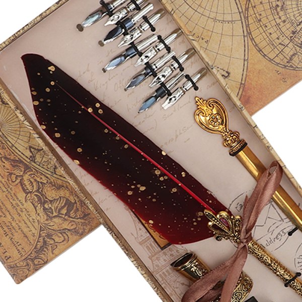 Fjäderpenna Set Utsökt Retro Smoothing Writing Fjäderpenna Kalligrafi Penna Kit med Flera Utbytbara Spetsar Röd