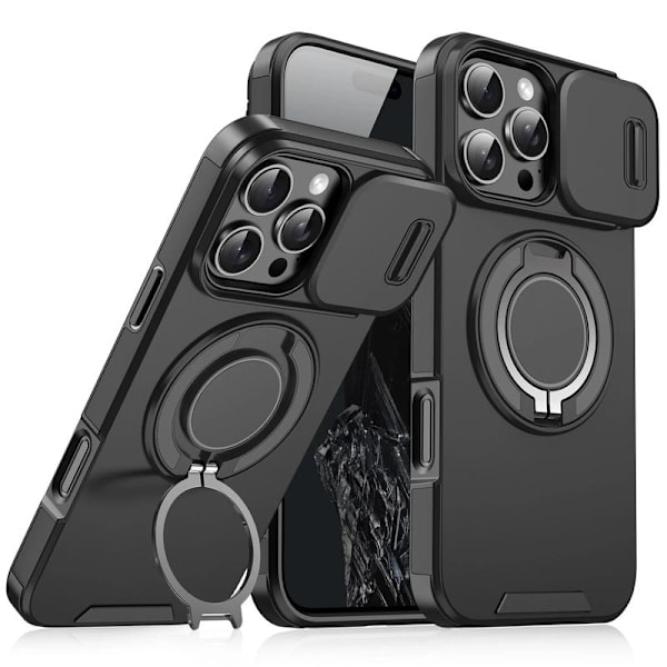 Magnetisk Ring Grip Cover til iPhone 16 Pro Max, Skydbart Kamerabeskyttelse - Sort[JUN]