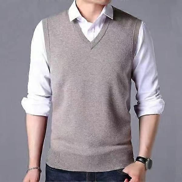 Stickad tröjväst för medelålders män, enfärgad V-ringad ärmlös pullover väst Slim Fit Ribbstickade muddar Tank Top light grey XL