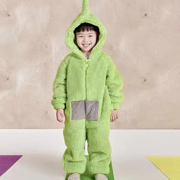 Teletubbies Kostym Barn Julpyjamas Sovkläder Vinter Varma Luddig Jumpsuit Green 7-8Years