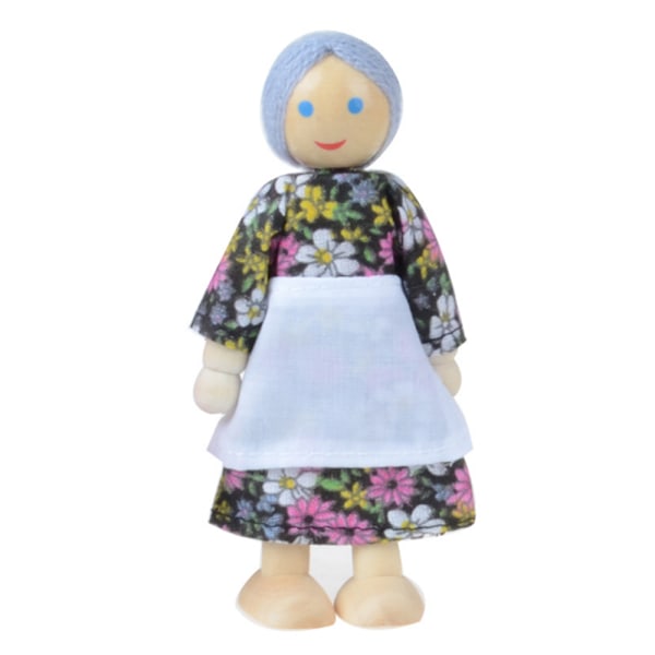 Dukkehus i tre med møbler, familie, miniatyr, 7 personer, dukkeleke for barn