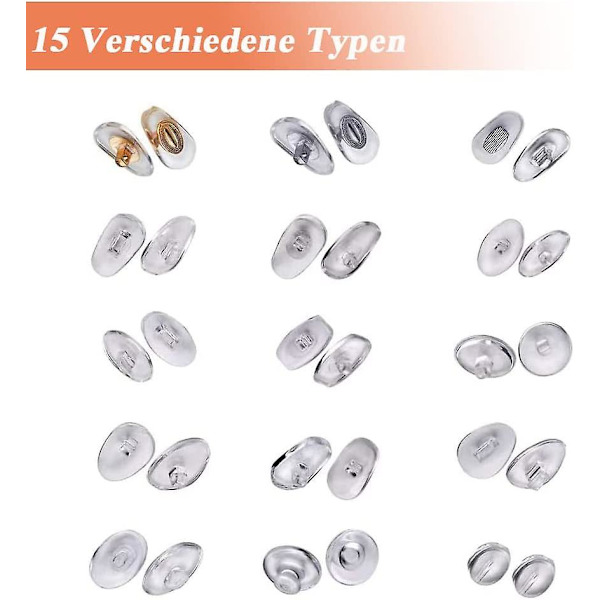 150 par glasögon näskuddar set, glasögon reparationskit, näskudde skruvsystem, glasögonkuddar, klicksystem, 15 storlekar, mjuka pvc näskuddar, glasögon anti-
