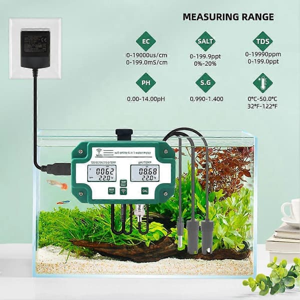 6 i 1 Vattenkvalitetstestare Tuya WiFi Multi-Parameter Vattenkvalitetsmätare Digital PH/Totala Upplösta Fasta Ämnen/EC/S.G/Salt/Temp Mätare för Akvarium Aqua
