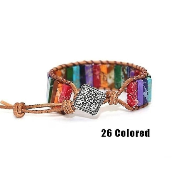 7 Chakra armbånd Håndlaget fargerikt armbånd Chakra Beads Stone Leather Wrap Bangle 32 Colored Stone Flower Button