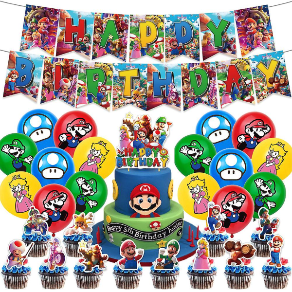 Super Mario Bros bursdagsfestdekorasjoner, Mario Movie temafestutstyrsett inkludert Happy Birthday-banner, kake/cupcaketopper, ballong