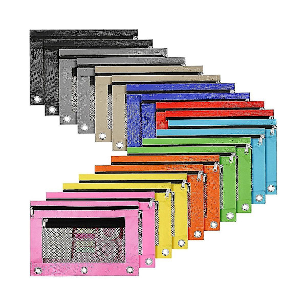 20 stk. blyanttasker til 3-rings binder lynlås blyantpung etui taske med 2 lommer mesh vindue binde