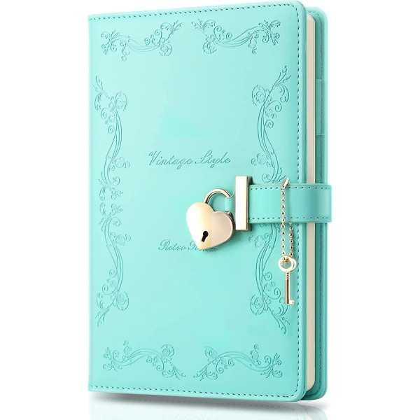 Flickdagbok med lås och nyckel, söt hjärtformad låsjournal för kvinnor, påfyllningsbar A5 Vintage Secret Pu-läder anteckningsbok Present för tonårsflickor - grön