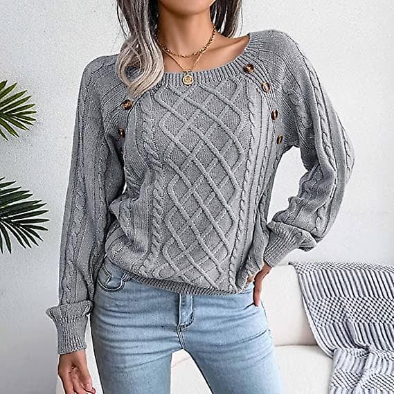 Dame Firkantet Hals Knap Kabelstrik Langærmet Afslappet Løs Pullover Sweater Top Oliven Fleece Pullover grey m