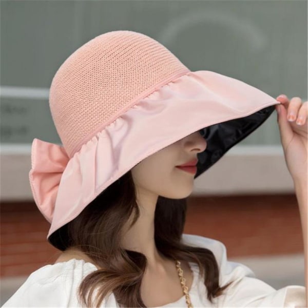 Mode Kvinders Foldbar Floppy Hat Sløjfe Bred Skygge Sommer UV-beskyttelse Strandhætte Pink