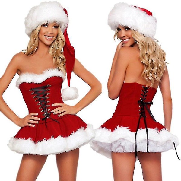 Julekostymesett for kvinner Julefest Sexy rød fløyelskjole Rollespill Julenissens kostymesett Plus Size l