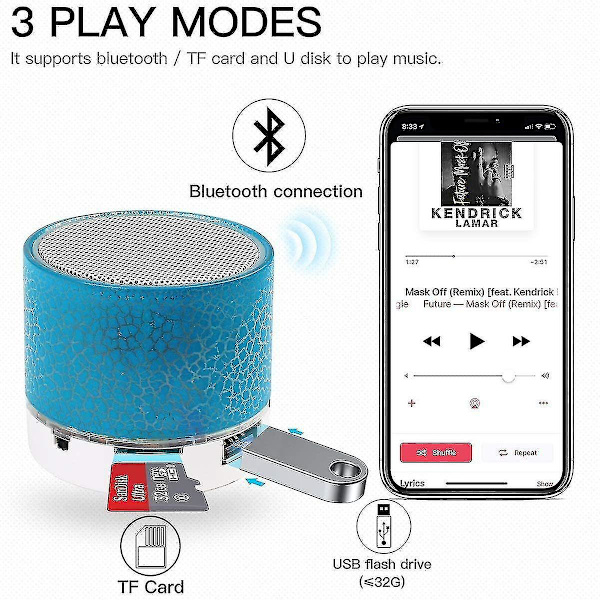 Mini bærbar trådløs Bluetooth-høyttaler, oppladbar stereohøyttaler med LED-lys