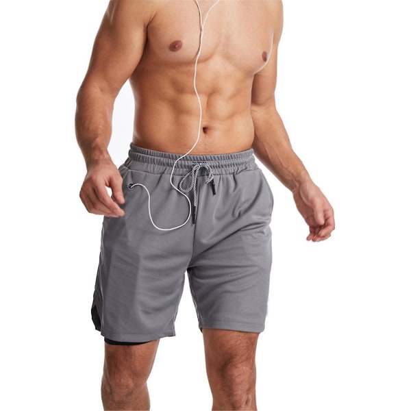 Miesten 2 in 1 -harjoittelu Juoksushortsit Harjoittelukuntosalin lyhyt harjoitusshortsi taskulla Gray