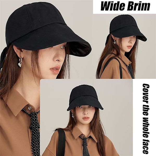 Kvinde Foldbar Sløjfe Sol Visir Cap UV Beskyttelse Bred Skygge Sol Hat Udendørs Sommer Black