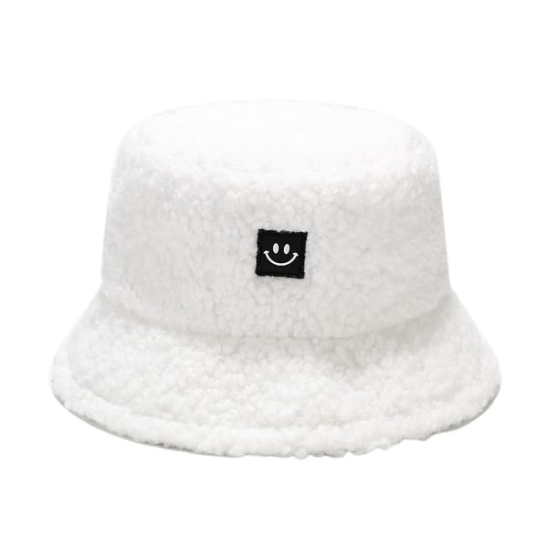 Naisten Smile Face Pörröinen Bucket Hat Pehmo Lämmin tekoturkista kalastajan cap White