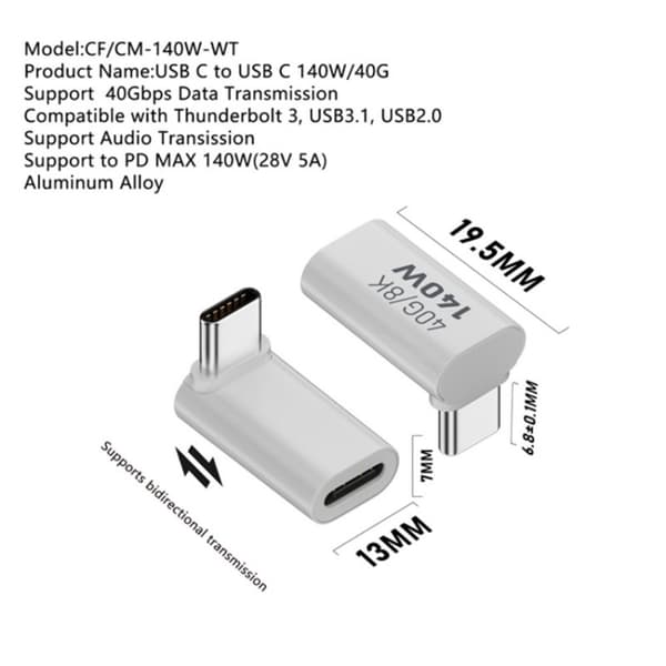 140W USB 3.1 USB-C Han til USB-C Hun Adapter 8K 40Gbps Hvid size 7