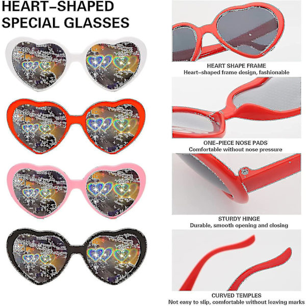 Hjärtformade glasögon med ljuseffektdiffraktion, persikaformade specialeffektglasögon, 3d hjärtformade solglasögon Black