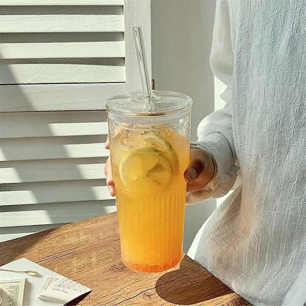 600 ml glaskopp mjölk kaffekopp med lock och sugrör transparent rand vattenkopp mugg dricksglas-FA-