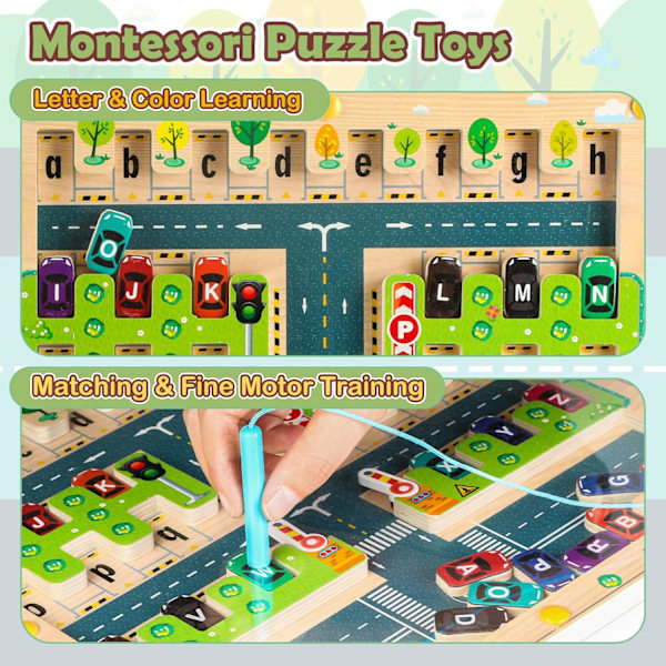 Magneettinen aakkospeli, magneettinen labyrintti 3-6-vuotiaille, opettavaisia pelejä kirjainten oppimiseen, Montessori-puulelu hienomotoriikalle Bil och parkeringsplats