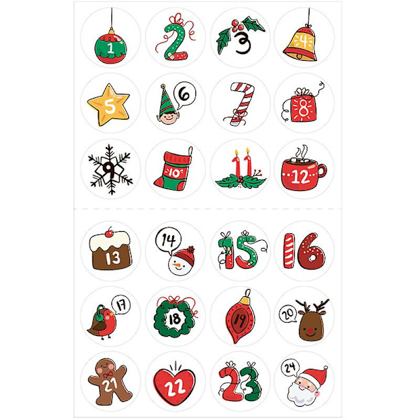 10 kpl Adventtikalenterin numerotarrat Numerot 1-24 Joulukalenterin tarrat DIY-askarteluun Piirrettyjen paperitarrojen etiketit Koriste