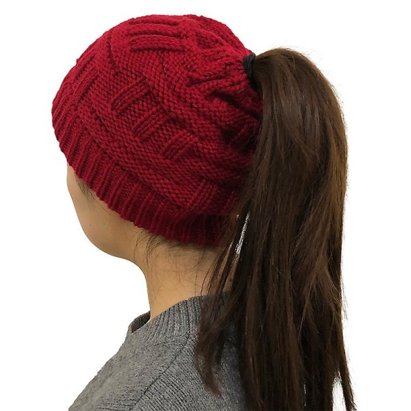 Dame blød almindelig rodet høj bolle strikket hat kvinder vinter varm hestehale ski cap Red