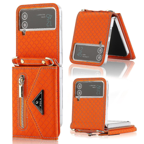 Lompakkokotelo yhteensopiva Galaxy Z Flip 4:n kanssa, crossbody-lanyard PU-nahkainen suojakotelo korttipaikoilla Orange For Galaxy Z Flip 4