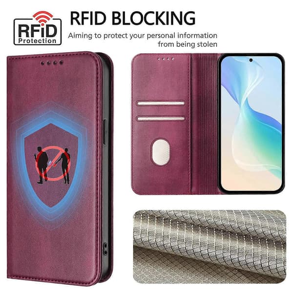 Retro tekstur RFID-blokerende læder telefoncover til iPhone 17 Pro Max Wallet Cases Wine red Wine Red