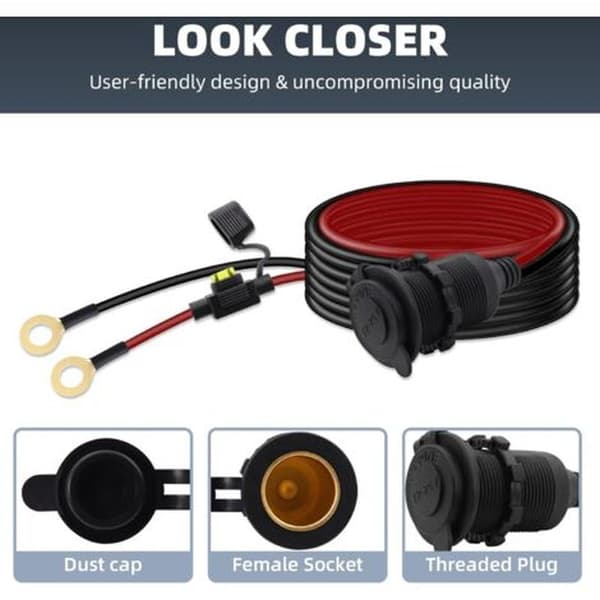 12V/24V Cigarette Lighter Socket Extension Cable, Fixed Threaded Female Connector to O-Ring Terminal, with Waterproof Cap and 20A Fuse (3M)