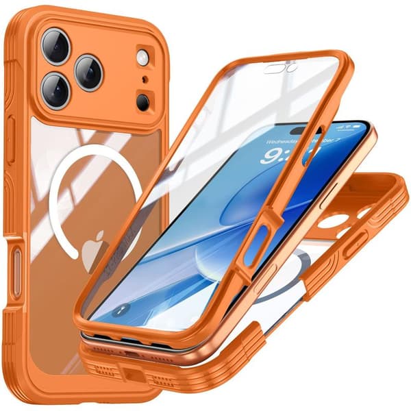 Shockproof 9H Glass Case Orange Compatible with iPhone 17 Pro Max - Full Protection with Magnetic Design